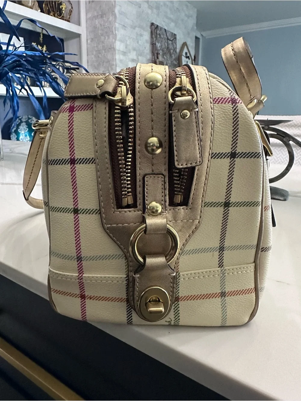Coach Cream Satchel with Multicolor Plaid Stripes